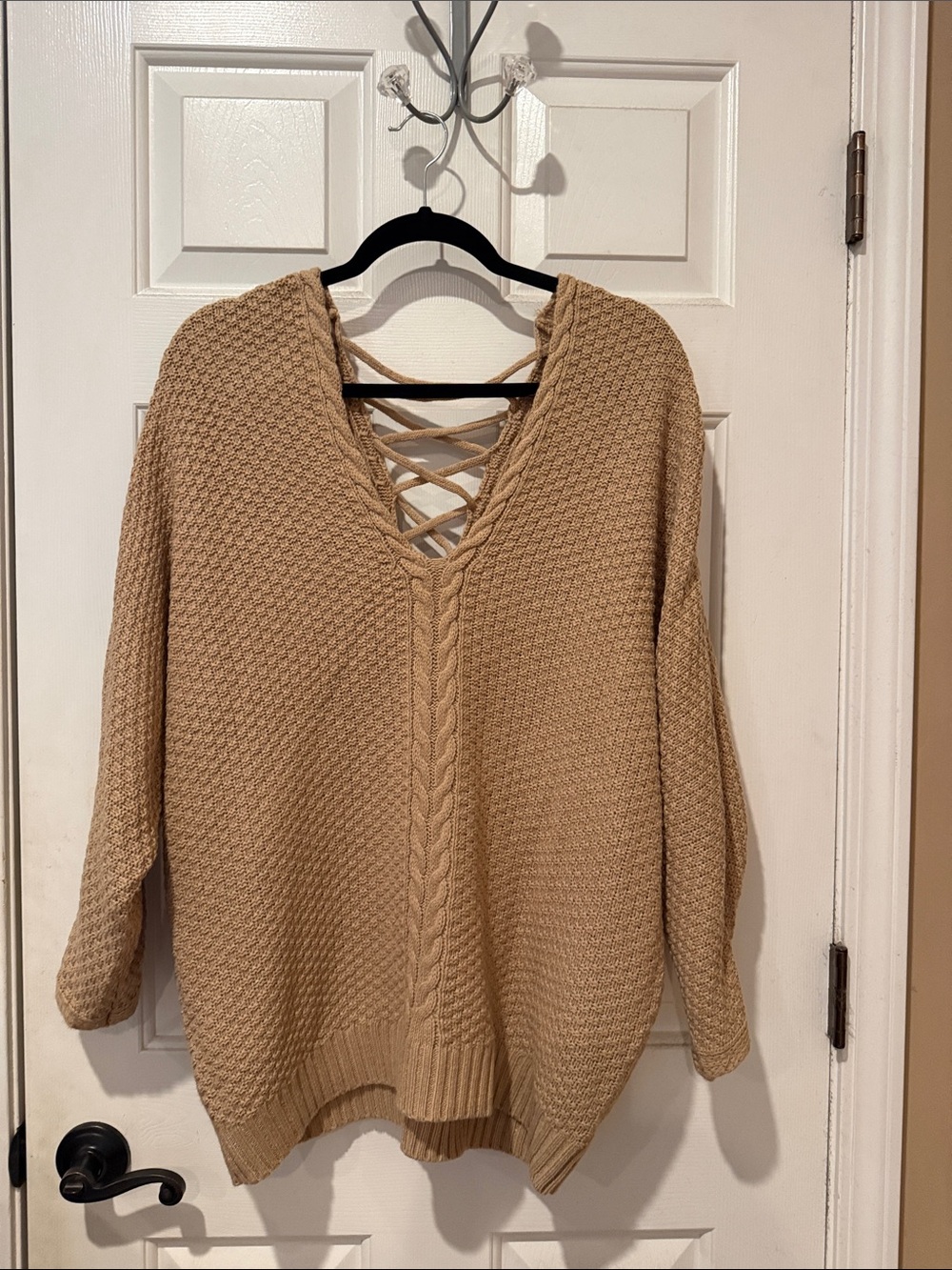 Fashion Nova Camel Lace-Up V-Neck Cable Knit Sweater